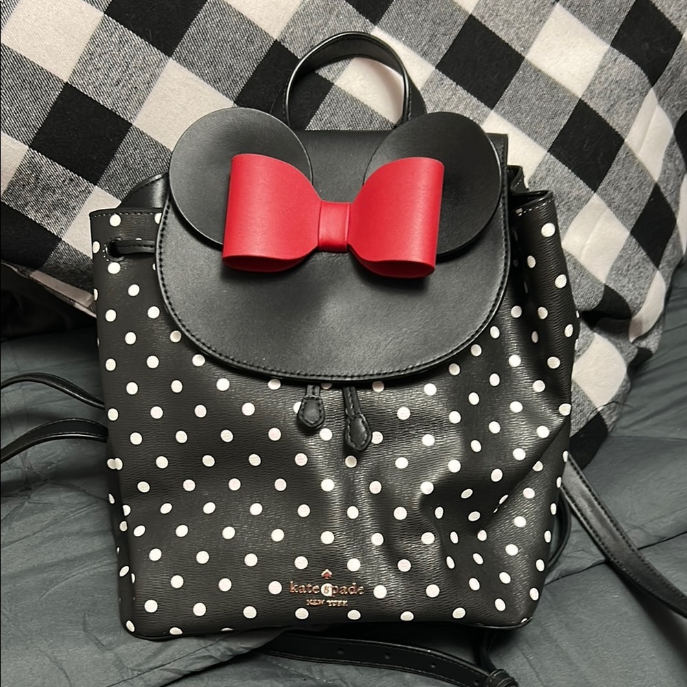 Kate Spade Disney Collection MinnBlack and White Polka Dot Backpack with Red Bow